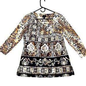 JM Collection Stretchy Animal Print Tunic Asymmetrical Gathered‎ Collar Top M